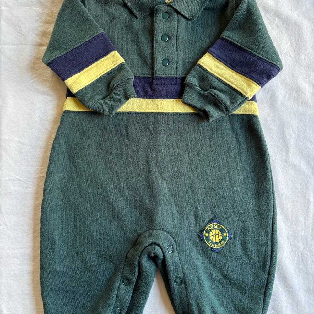 Vtg. Miniwear Green Bodysuit with Yellow and Navy Stripes